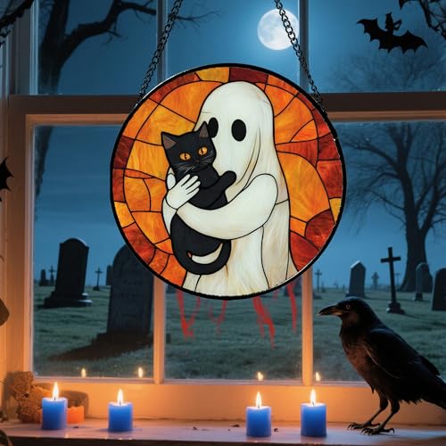 Image of Stained Glass Window Hanging - Halloween Decorations White Ghost Black Cat Suncatcher for Doors Garden Spooky Funny Orange Sun Catchers Gothic Decor Horror Gifts for Women Men Friend 9.8 in