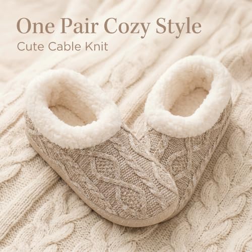 Image of cosyone1997 Cable Knit Slipper Socks for Women Non Slip Soft Sole | Fuzzy sherpa lining, gripper dots, flexible bootie coverage and machine washable care for warm, comfortable indoor wear