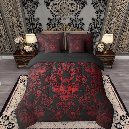 Erosebridal Gothic Damask 7 Piece Comforter Set Full Bed in a Bag,Butterfly Skull Bedding Sets Red Black Victorian Floral Goth Sheet Set with Comforter