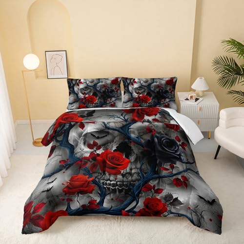 Image of QOOMO Red Flowers Kids Bedding Set,Plants Print Comforter Set Queen Size for Boys Girls Teen Room Decorat,Soft Lightweight Bed Set All Season,1 Comforter 2 Pillowcases