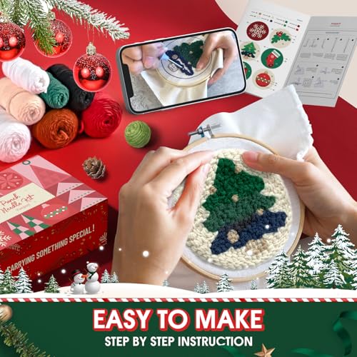 yuegool 6PCS Christmas Punch Needle Coasters Kit,Easy DIY Punch Needle Embroidery Kit for Beginners Adults Kids Including Patterns, Tools, Yarns, Hoop, Instruction, Coaster Holder Art Craft Supplies - Thumbnail 3