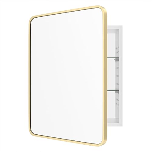 Miniatura 10 de WallBeyond Botiquín de baño con espejo, 16 x 24 pulgadas, gabinete de medicina empotrado dorado con esquina redonda de aleación de aluminio con