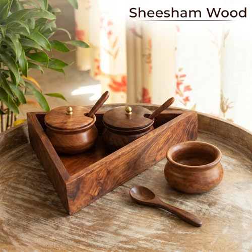Image of HOKIPO Salt Sugar Spice Container Jar Canister Set with Tray & Spoon - 10 x 10 Inch - Sheesham Wood Storage Box Jar (IN-1169)