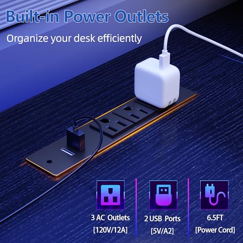 Image of Furologee 61 inch Gaming Desk with Power Outlets & LED Lights, Reversible Computer Desk with File Cabinet & Monitor Stand for Home Office, Large Work Table with Storage Shelves & Drawer, Black