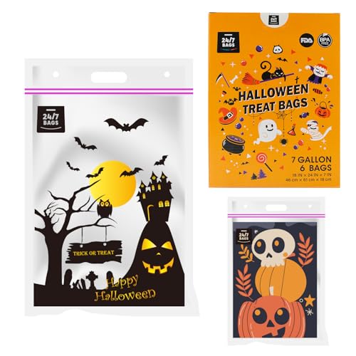 6 X-Large Plastic Halloween Printed Storage Bags, 7 Gallons, Zero BPA, Double Zipper Seal, 3 Mils Thick, Double Layer Carry Handle, 18"x24"x7", Costume/Decoration Storage, and More(Box Misprint)