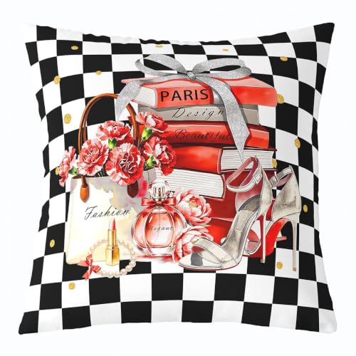 Feelyou Fashion Throw Pillow Covers 1 Pcs Black and White Red Square Cushion Covers Perfume Pillow Case Modern Inspirational Quotes Cushion Case for Couch Sofa Checkereded Bedroom Decor 22 x 22-Inch