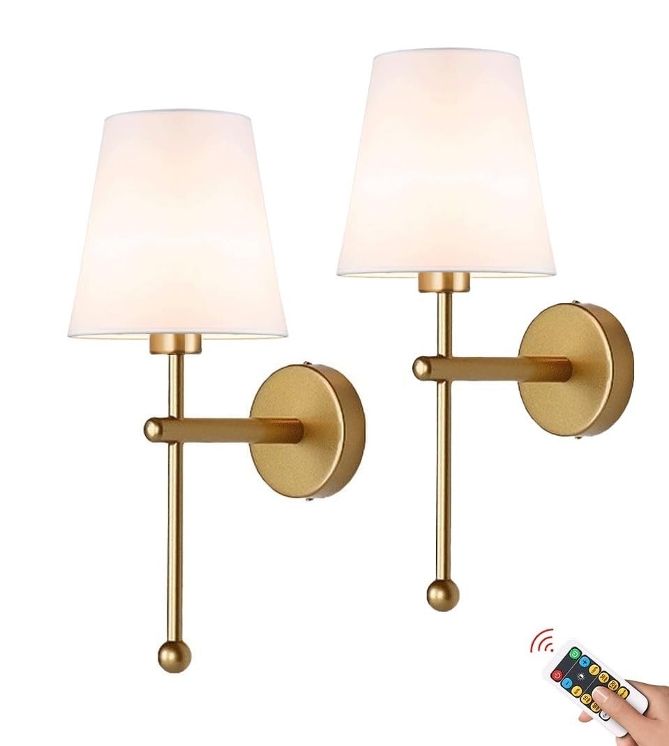 Sadovc Gold Rechargeable Wall Sconce Battery Operated Wall Lights Set Of 2 With Remote, Cordless Wall Lamp Battery Powered Wall Sconces, Not Hardwired Dimmable Fabric Wall Light For Living Room Bedroom Hallway(Go