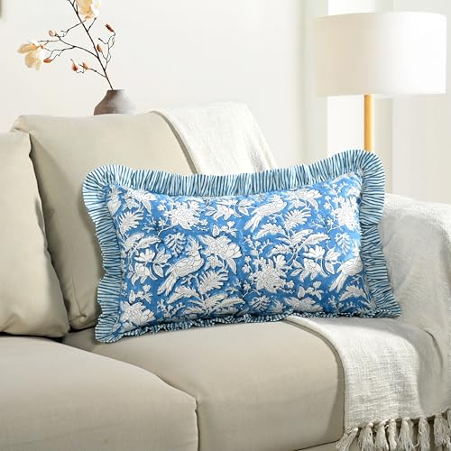 CPC Blue Sapphire Block Print Ruffle Sham Pillow Cover 12x20 Inch Pack of 1