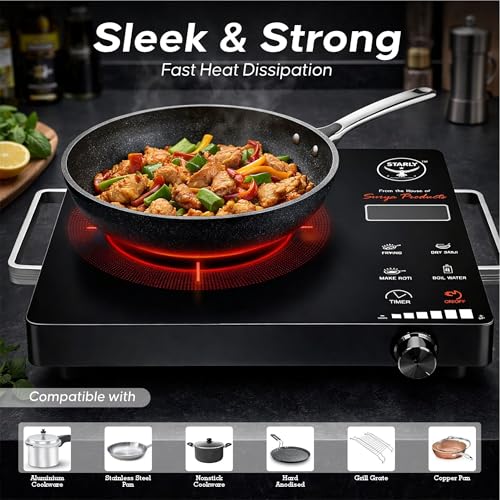 Image of Starly 2000W Infrared Cooktop With Digital Display, Crystal Glass Plate, Digital Display, 4 Preset Cooking Modes, Touch Control, Infrared Hot Plate, Knob temperature control - 1 Year Warranty