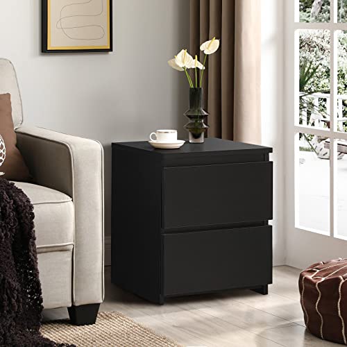 CLIPOP Nachttisch mit 2 Schubladen, Spanplatte der Klasse E1 + MDF, ohne Griff, Kommode mit 2 Schubladen, Schlafzimmermöbel, Schwarz, 2-Drawer