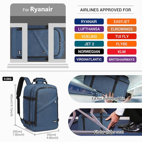 Kono Torba kabinowa, 40 x 20 x 25 cm, do samolotów linii Ryanair, plecak podręczny, 20 l, granatowy