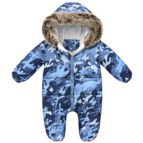 L PATTERN Mono de nieve para bebé, niños y niñas, pelele de invierno grueso y cálido para recién nacidos, mono con cremallera, camuflaje azul, 100