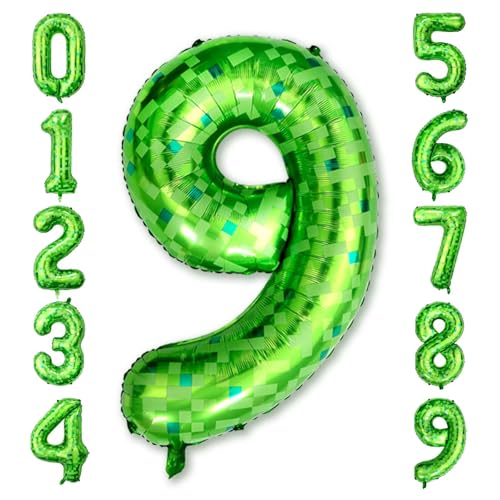Green Pixel Number 9 Balloon 40 Inch, Gamer Foil for 9th Birthday Party