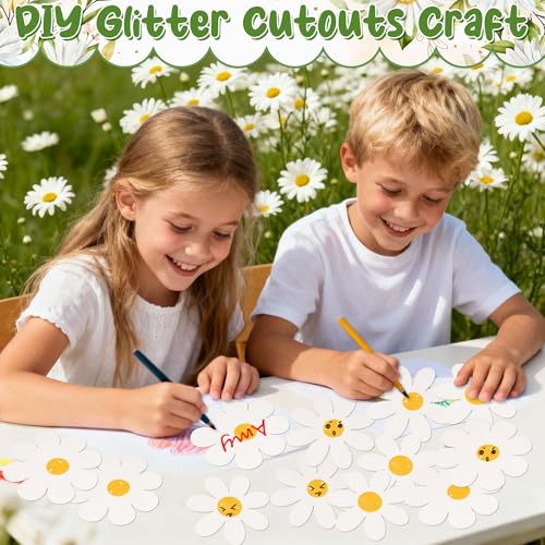 Image of Spring Daisy Flower Paper Cutouts - 100Pcs Glitter White Daisy Flower Paper Cutouts for Boho Groovy Retro Themed Birthday Baby Shower Easter Party Favor Supplies Home School Bulletin Board Wall Decor