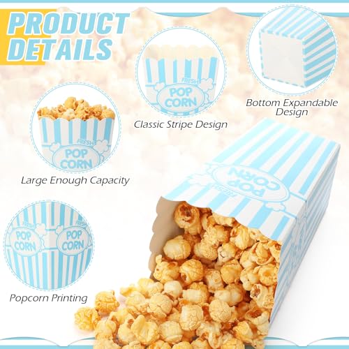 Image of Xinnun 100 Pcs Popcorn Boxes 32oz Classic Stripe Paper Buckets Disposable Oil Proof Popcorn Container Retro Open Top Box for Movie Night Supplies Theaters Carnival Birthday Party(Light Blue and White)