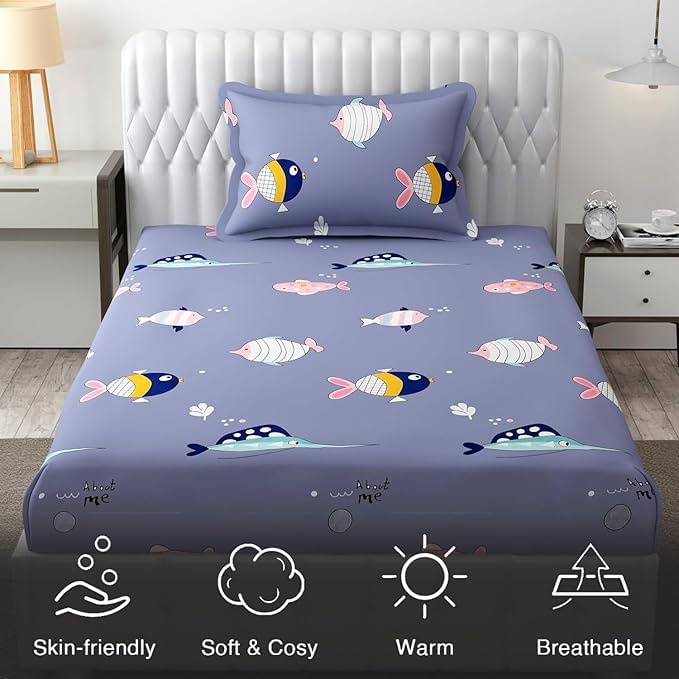 Image of RD FABS Glace Cotton Wrinkle Free Soft Hypoallergenic Bed Sheet | Cartoon Printed Single Bedsheet for Kids with One Pillow Cover (60X90 Inches /Fish /Blue), 144 tc