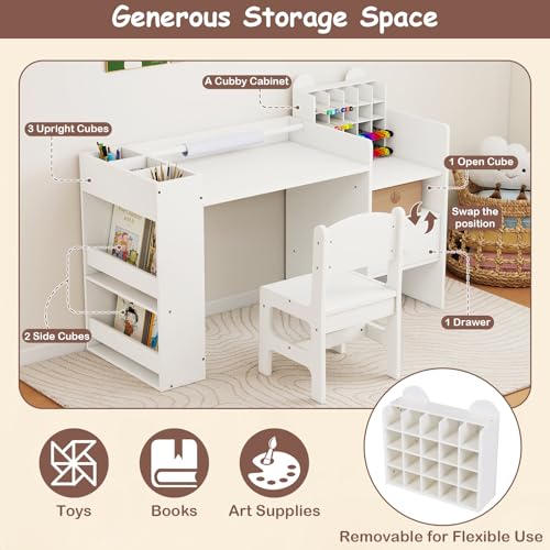 Image of Costzon Toddler Table and Chair Set, 2-in-1 Art Desk Set with Paper Roll | Drawing Table and Stool w / Cubby Cabinet, Storage Drawer and Side Book Rack for Drawing, Studying, Reading & Activity Play