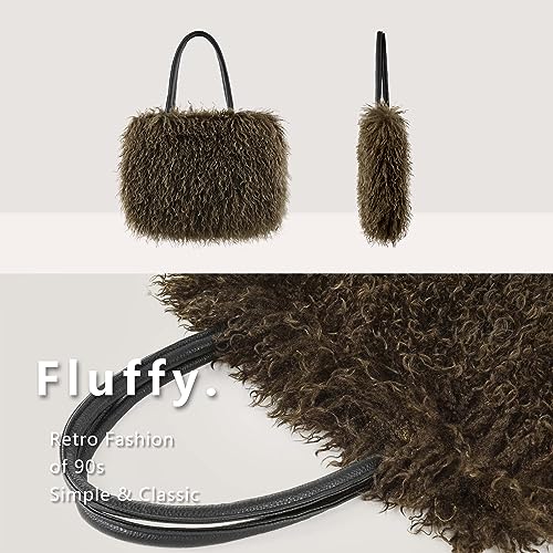 Image of Women's Fuzzy Tote Bag Curly Handbag Furry Shoulder Bag Large Plush Top Handle Purses Winter