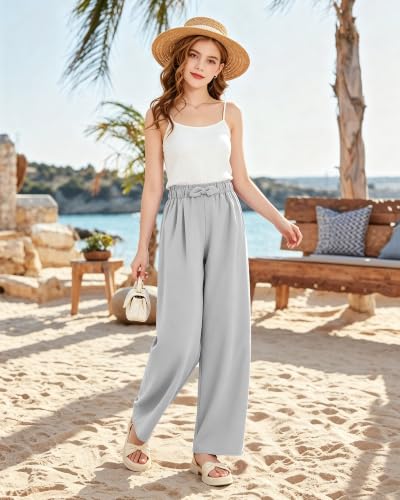 Image of Girls Wide Leg Palazzo Pant Loose Straight Cute Bow Waist Spring Summer Lightweight Dress Pant for Kids 5-14Y