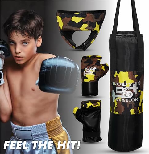 Image of Kids Champ Junior Punching Set | 1 Punching Bag, 1 Head Guard, 2 Gloves | Boxing Training Punching Bag & Gloves for Boys & Girls | for 3 to 10 Years Kids (Set of 4) (Yellow Camo)