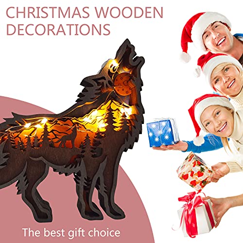 Aktudy 6.29X5.51In 3D Forest Wolf Wood Crafts With Lights, Retro Style Multi-Layer Wolf Wood Carving, Hand Painted Carving Handcraft, Table Wall Decoration For Bedroom Indoor Outdoor #TOP2