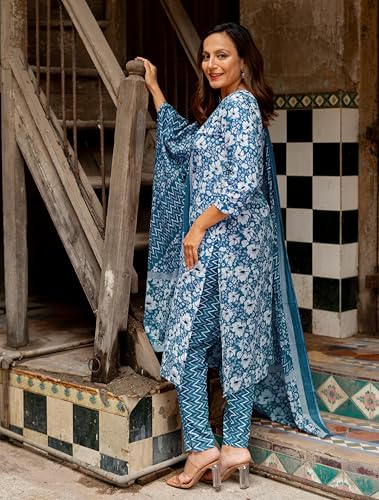 Image of MIRCHI FASHION Pure Cotton Floral Kurta Set for Women with Dupatta & Pant | 3 Piece Straight Fit Ethnic Outfit | Breathable Summer Salwar Suit