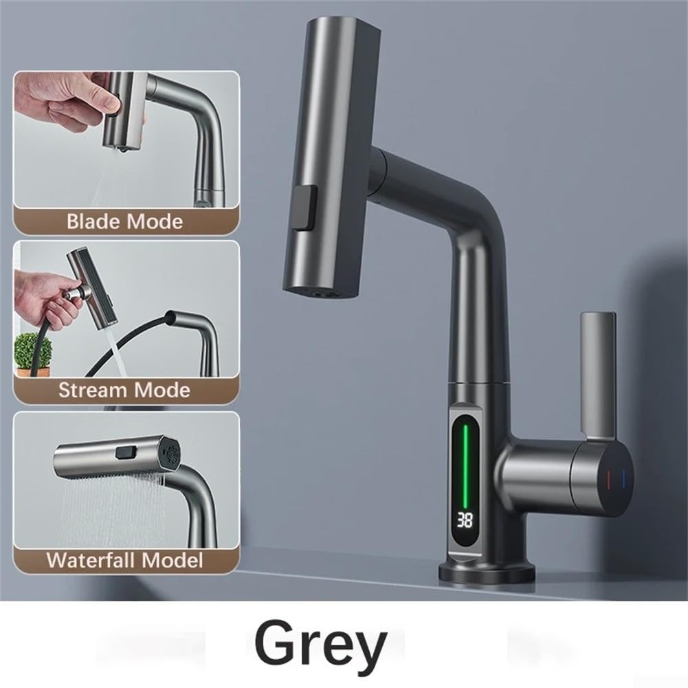 ForDigital Display - Grifo de cocina extraíble con sensor de temperatura, giratorio 360 grados, latón para fregadero, baño, caravana, negro (gris)