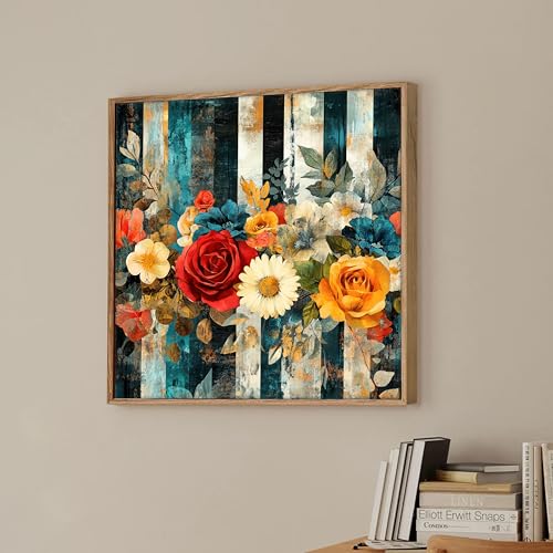 Image of Vintage Floral Framed Canvas Wall Art Painting for Living Room | Colorful Rose & Daisy Artwork Painting with Frame | Modern Decorative Wall Decor for Home & Office, 23x23 Inch