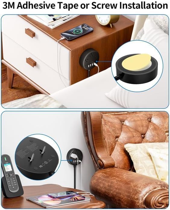 Miniatura 5 de NTONPOWER - Cable de extensión de 25 pies, regleta de alimentación de enchufe plano con USB, estación de carga de escritorio de 3 tomas, 2 USB, tira