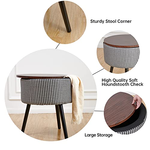 Fuente Luz Multi-Function Long Leg Round Coffee Table With Storage Cotton Linen Like Fabric, Ottoman As A Footstool, Deep Walnut Table Top Feet High-Capacity Indoor For Living Room (Black Check) #TOP2
