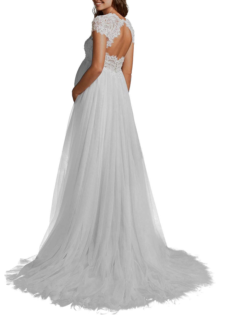 Robes de Mariée Robes de Mariée a - Ligne Longue Dentelle Robe de Mariée à la Mode Robe Civile Princesse Robe de Maternité Grande Taille, Ivoire, 48