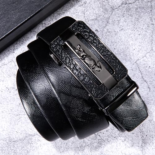 Barry.Wang Leather Ratchet Belt Tie Set Men Sliding Black 35mm Wedding Dress Formal Business,Trim To Fit4