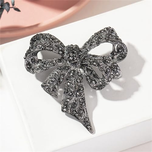 Image of Vintage Rhinestone Crystal Bow Brooch Pin with Black Pearl for Women Delicate Black Bow Brooch Classic Antique Victorian Style Prom Wedding Jewelry
