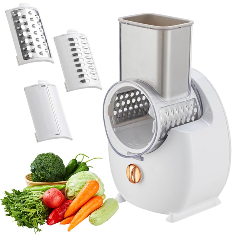 Rallador eléctrico de queso, máquina de ensalada eléctrica, rallador múltiple, cortador de frutas, cortador automático de verduras profesional con cuchillas multicono para frutas y verduras, acero