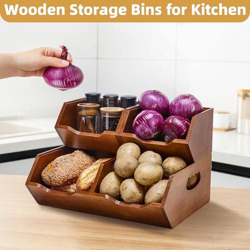 Wood Pantry Storage Baskets, Stackable Large Capacity Potato and Onion Storage Bins, Kitchen Pantry Organizers for Vegetables, Bread, Spices (Set of 3) - Image 4