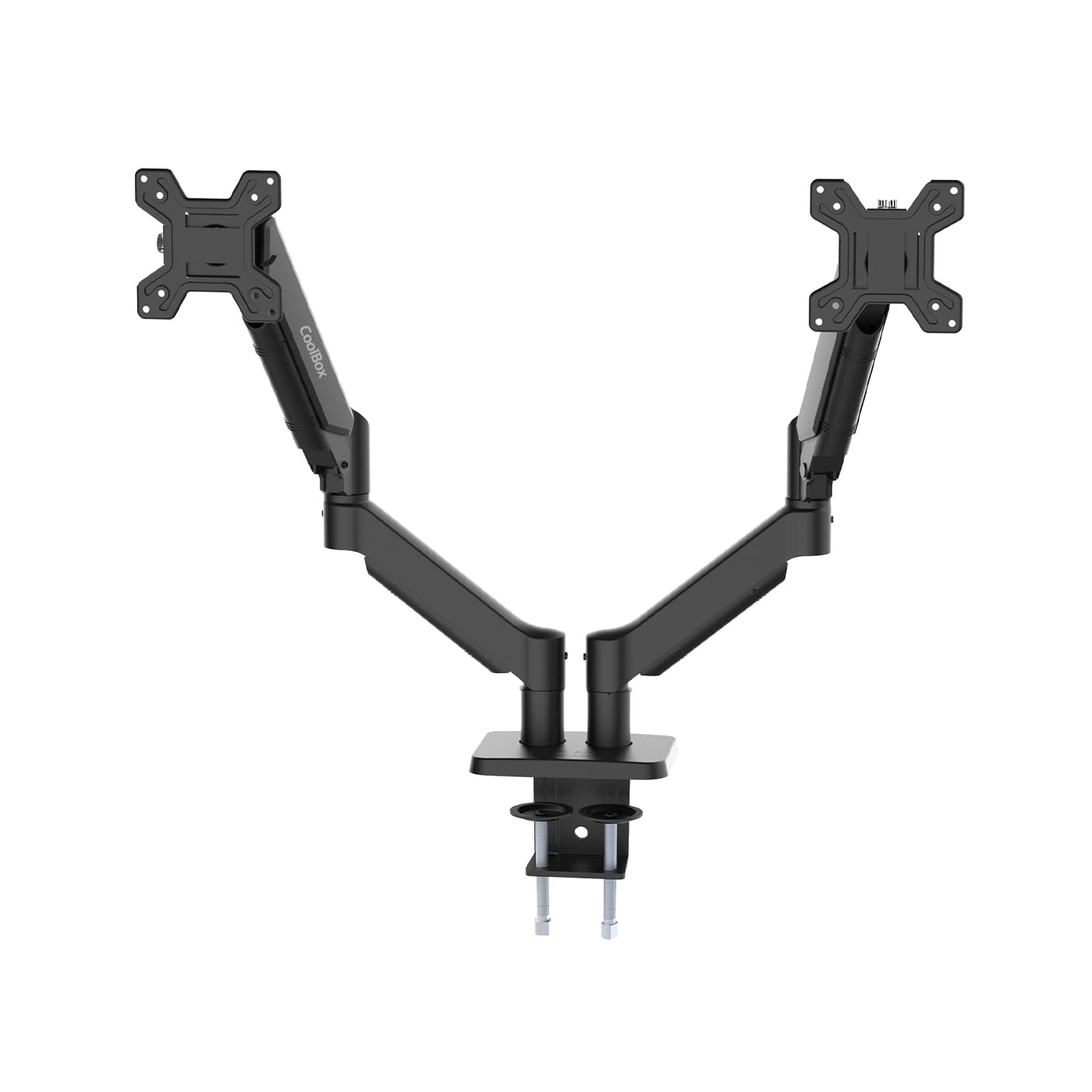 CoolBox M02D - Brazo Monitor Doble para Pantallas hasta 32", hasta 8Kg en Cada Brazo, Altura, Inclinación y Giro Ajustables, Rotación Monitor Vertical, VESA 75x75/100x100, Negro