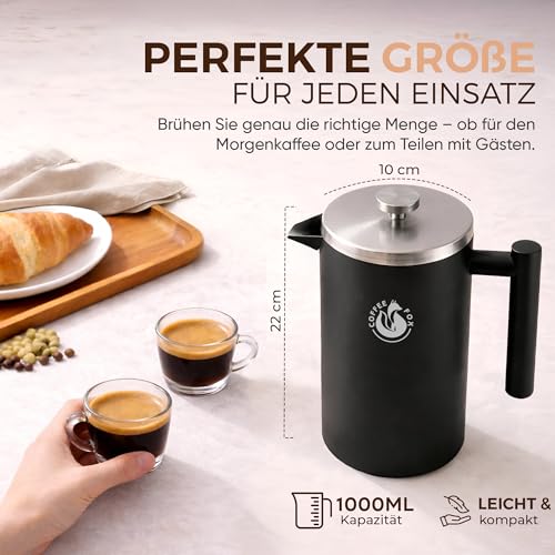 Coffee Fox® French Press 1 Liter Edelstahl, doppelwandiger Kaffeebereiter – Ansicht 6