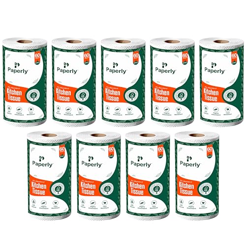 Image of Kitchen Tissue Paper Roll, 2-Ply Kitchen Towels Rolls for Home Hotel Catering Office | High Water & Oil Absorbency 100% Virgin Pulp, 60 Sheets Per Roll (60 Sheets (Pack of 9))