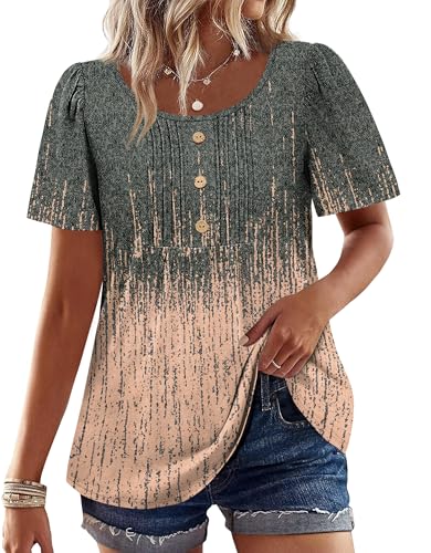 Image of Womens Tops Dressy Casual Blouses Short Sleeve Shirts Plus Size Fashion Clothing Spring Summer Outfits Button Pleated Front