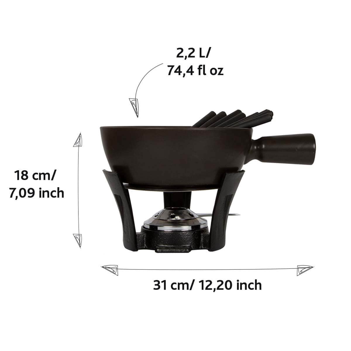 Boska Service à fondue Nero L - Set de repas pour 8 personnes - Convient aux cuisinières à gaz - Lavable au lave-vaisselle - Noir - Contenu 2.2 L
