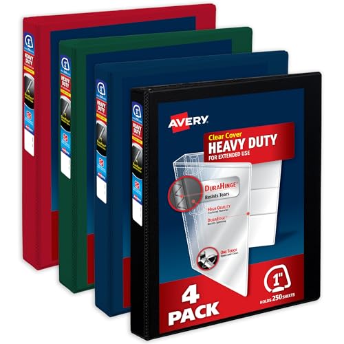 Image of Avery Heavy-Duty View 3 Ring Binders, 1 inch, 4 Assorted Dark Binders | For Heavy School, Home and Office Use, DuraHinge Tear-Resistant Spine, DuraEdge Split-Resistant Sides, Interior Pockets