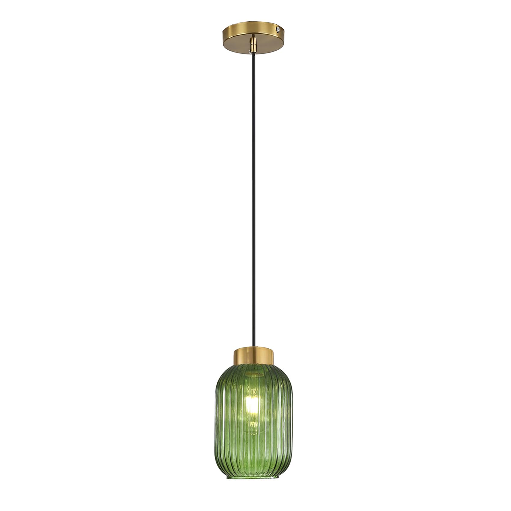 Lámpara Colgante Moderna de Vidrio Estriado con Acabado Dorado y Cable Negro, Lámparas Colgantes Elegantes para Comedor, Dormitorio o Cocina, Iluminación de Techo Estilosa (Verde, 14cm)