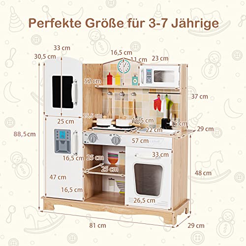 GOPLUS Kinderküche aus Holz, Küche für Kinder, Spielküche mit Holz Zubehör&Spüle&Backofen&Kochfeld&Kühlschrank… – Bild 8