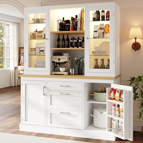 BTM Free Standing Kitchen Cabinet with Glass Doors & LED Lights Tall Storage Cupboard Kitchen Dresser with Worktop White