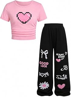 Girls Clothes 2 Piece Cute Pixel Heart-Print Top Graffiti-Print Pants Sets | Trendy Y2K Inspired Outfit with Fitted Top and Wide Leg Bottoms, Casual Streetwear for Teens Girls 7-14Y