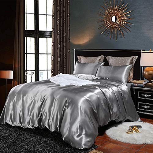 Erosebridal Parure de lit 3 pièces en satin avec housse de couette réversible en polyester Lune de miel Moderne King 104"x90" Argenté Cover