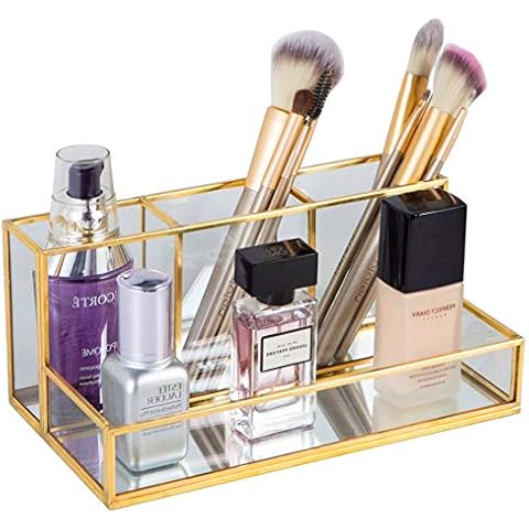 4 Compartment Handcrafted Clear Glass Cosmetic Organizer, Nordic Style Makeup Holder, Elegant Pen Pencil Brushes Holder for Vanity Desktop Bathroom Bedroom, Retro Golden Color Cover