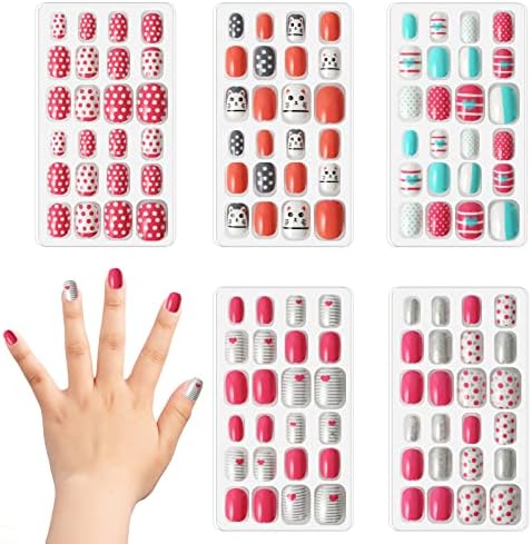 120Pcs Kids False Nails, Press On Nails for Girls Kids, Pre-Glue Short False Nails Kits, Full Cover Self Adhesive Nail Art Sticker for Children Little Girls (Pink Striped)