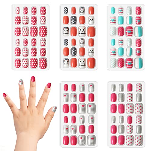 120Pcs Kids False Nails, Press On Nails For Girls Kids, Pre-Glue Short False Nails Kits, Full Cover Self Adhesive Nail Art Sticker For Children Little Girls (Pink Striped) #TOP1