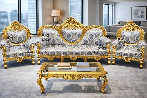 Image of Royal Carved Sofa Set | 3+1+1 Seater + Center Table Without Mirror| Antique with Floral Upholstery | Victorian Style Living Room Furniture Sofa Set Luxury Gold Finish 4-Piece